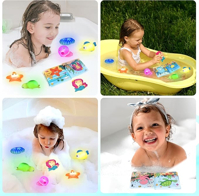 Light Up Bath Toys for Toddlers Kids Girls Baby, No Hole Glow Bath Toys with Bath Book & Organizer, Led Light Bath Time Water Toys for Bath Tubs Bathrooms Pool, Gift for Toddlers Girls Infants