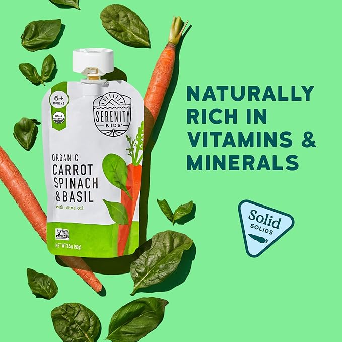 Serenity Kids 6+ Month Organic Veggie Puree Baby Snacks Pouches - Carrot, Spinach & Basil - No Sugar Added, BPA Free & Allergen Free Baby Puree Pouches - 3.5 Oz, 6 Pack