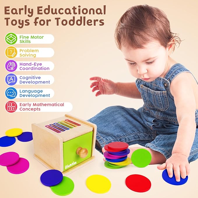 Montessori Toys for 1-3 Year Old: Color Sorting Wooden Drawer Box Toy for Toddlers, Object Permanence and Fine Motor Sensory Toy, 12-18 Months Busy Board Matching Game for Baby Boys and Girls Gifts