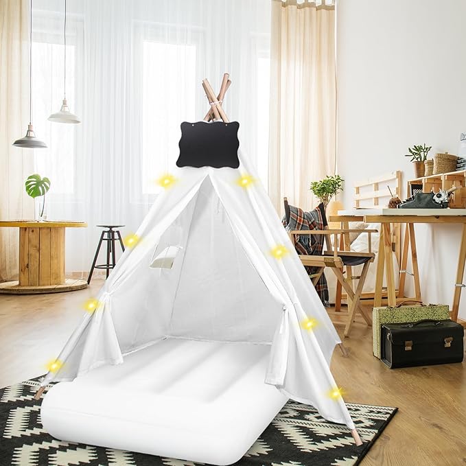 6 Pcs Kids Teepee Tent Bulk with Light String Inflatable Airbed Bedding Fitted Sheet and Markeable Small Blackboards for Boys Girls Indoor Outdoor Slumber Party (White)