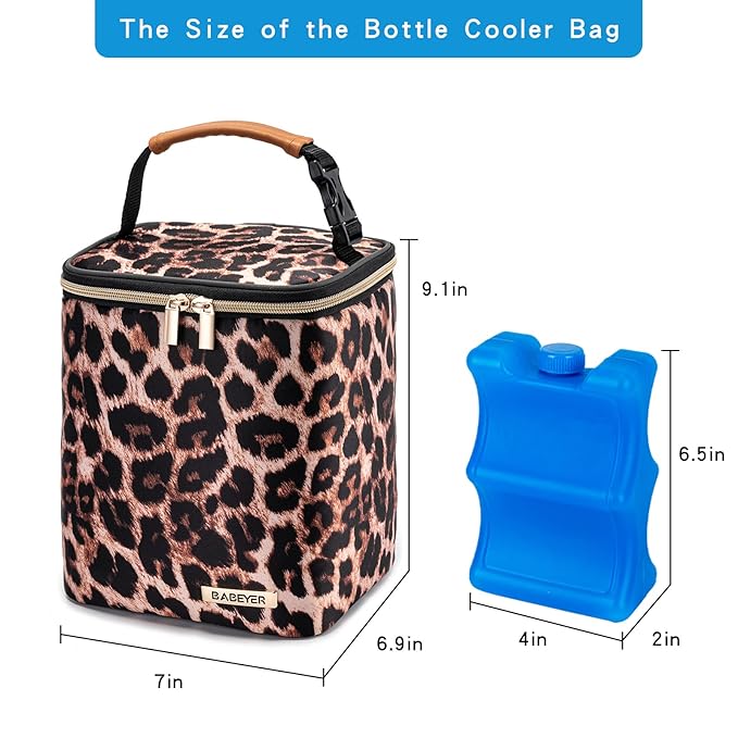 BreastMilk Cooler Bag with Ice Pack Fits 4 Baby Bottles Up to 9 Ounce, Baby Bottle Bag for Nursing Mom Daycare-Leopard Print