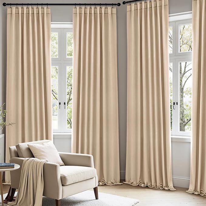 ANRODUO Back Tab Blackout Curtains for Bedroom Living Room, Rod Pocket Pinch Pleated Thermal Insulated Room Darkening Curtains 96 Inches Long 2 Panels, Beige, 42 x 96 Inch