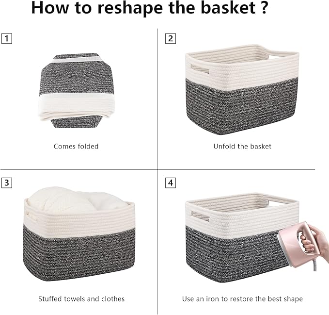 OIAHOMY 4 Pack Storage Baskets for Organizing, Basket for Shelves with Handle, Woven Baskets for Storage Toys, Towels, Books, Cotton Rope Basket 13" L x 9 " W x 7.8 " H, Black & White