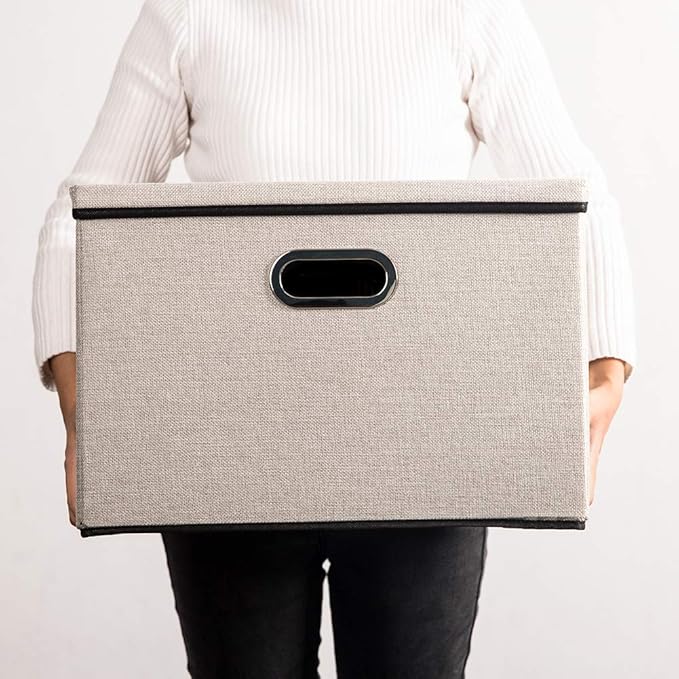 PRANDOM Large Foldable Storage Bins with Lids [3-Pack] linenFabric Decorative Storage Boxes Organizer Containers Baskets Cube with Handles Divider for Bedroom Closet Office Light Grey(17.7x11.8x11.8)