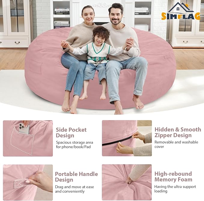 7FT Bean Bag Chair, Large Bean Bag Chairs with Memory Foam Filled, Fluffy Beanbag Sofa with Dutch Velvet Cover, Round BeanBag Chairs for Living Room, Playroom - Light Pink