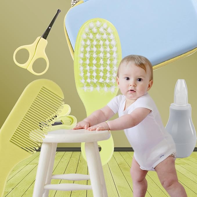 ZELINYE Baby Grooming Kit, 8 in 1 Baby Hair Brush/Nail Clipper/Nose Cleaner/Finger Toothbrush/Nail Scissors/Manicure Kit for Baby Care Keep Healthy and Clean(Yellow)