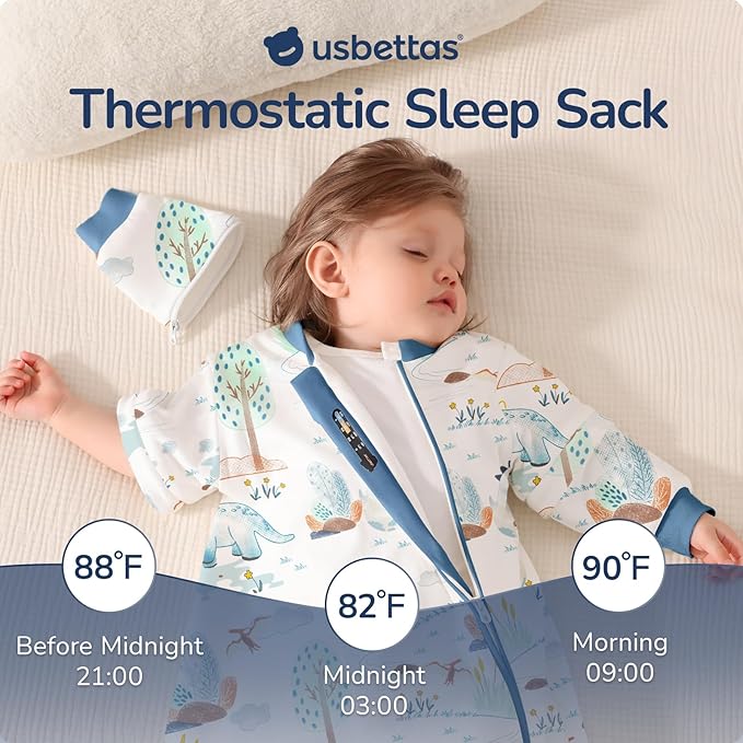 Baby Sleep Sack 18-24 Months, Cotton Detachable Long Sleeve Sleep Sack, 2.5 Tog Toddler Sleeping Sack with Temperature Strips, 2-Way Zipper Wearable Blankets for Newborns, Dinosaur