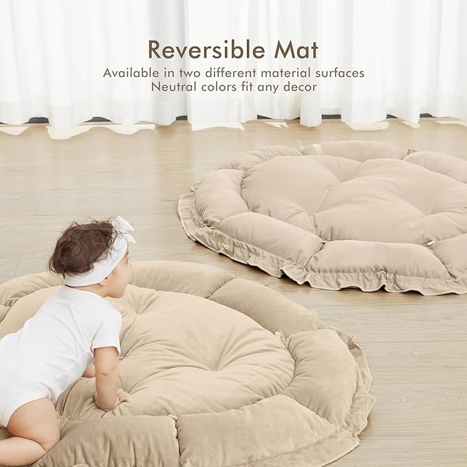 ANGELBLISS 5 in 1 Baby Play Gym Mat, Reversible Tummy Time Mat with 5 Sensory Toys for Stage-Based Developmental, Thick & Large Baby Activity Center from Newborn to Toddler (Khaki)