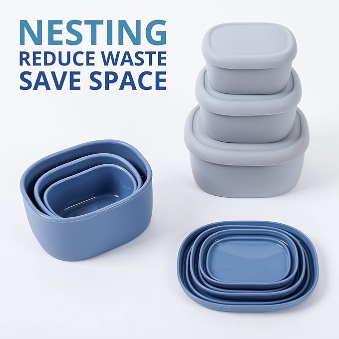 BLUE GINKGO Nesting Silicone Containers - Set of 3 Hard-Shell Silicone Food Storage Containers | BPA Free, Airtight, Dishwasher and Freezer Safe (6.7oz, 10oz, 20oz) - Blue