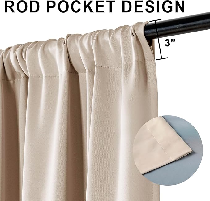 XWZO 100% Blackout Curtain Panels Rod Pocket Thermal Insulated Black Liner Curtains, Noise Reducing and Heat Blocking Drapes for Window Curtains with Tiebacks, Biscotti Beige, W42 x L54, Set of 2