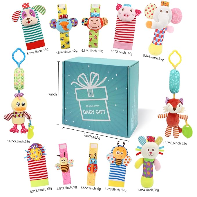 Wrist Rattles Foot Finder Rattle Sock Baby Toy, Hanging Rattle Toy, Hand Bracelet Rattle, Feet Leg Ankle Socks, Activity Rattle Present Gift for Newborn Infant Babies Boy Girl-12pcs A