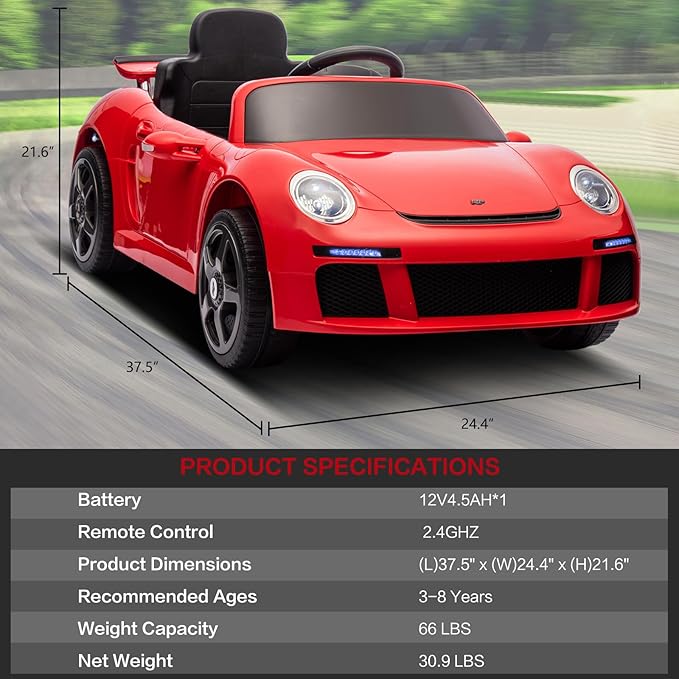 Licensed RUF CTR3 12V Kids Electric Car with Parent Remote Control, 2 Motors, 3 Speeds, LED Lights, MP3 Player | Battery Powered Ride-On Toy for Kids to Drive - Red
