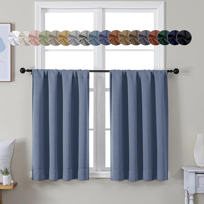 Simplebrand Ava Denim Blue Short 36 Inches Blackout Curtain 2 Panels Set, Half Window Rod Pocket Privacy Curtain Tiers for Kitchen, Curtains Blackout for Bathroom Shades, W40 x L36 Inch, Denim Blue