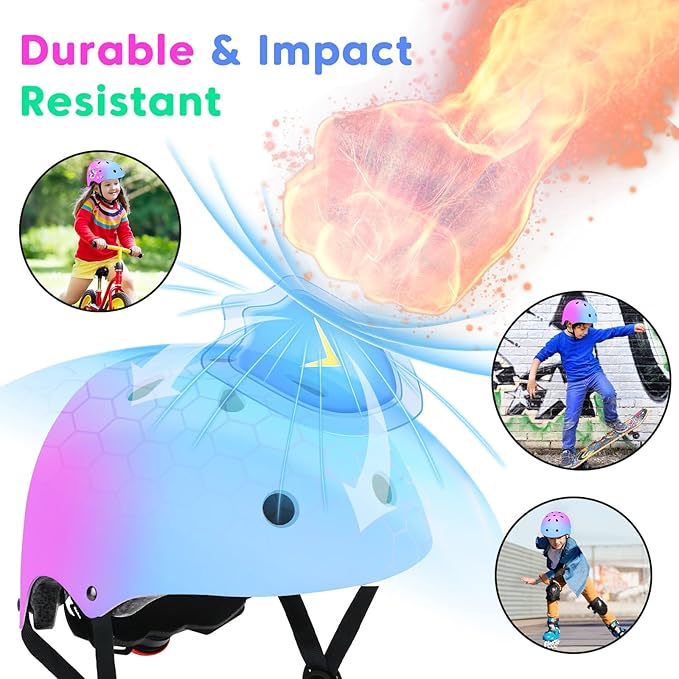 Color Gradient Adjustable Kids Bike Helmet Toddler Skateboard Helmets Boys Girls Child Ventilation Helmet for Multi-Sports Skating Cycling Scooter Balance