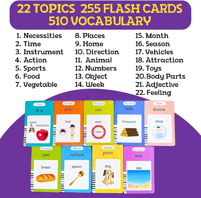 ZeenKind Spanish & English Talking Flash Cards with 510 Sight Words for Toddlers 3 4 5 6 Years Old, Learn Spanish for Kids, Audible Pocket Speech Early Learning Bilingual Flashcard Toys, 255 Cards