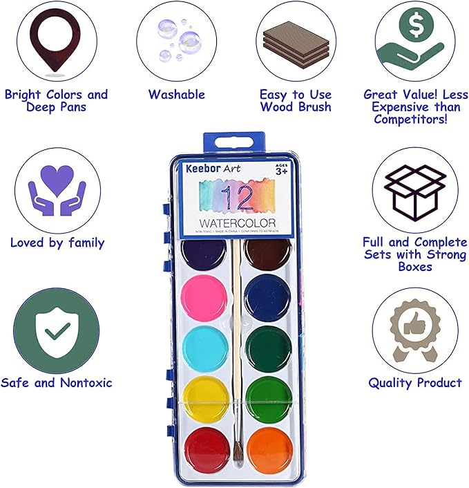 Watercolor Paint Set for Kids, 12 Colors, 24 Pack Washable Water Colors for Party Favors, Gifts, Classroom Supplies (Wood Brushes Included)
