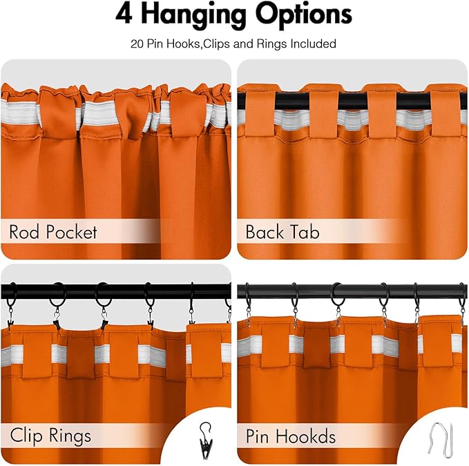 ANRODUO Back Tab Blackout Curtains for Bedroom Living Room, Rod Pocket Pinch Pleated Thermal Insulated Room Darkening Curtains 63 Inches Long 2 Panels, Orange, 42 x 63 Inch