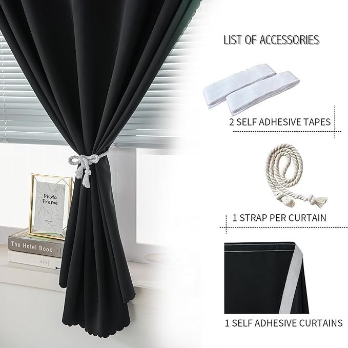 Adhesive Blackout Curtains- Self Stick Shades Window Blinds Curtains No Rod Needed Easy to Hang Curtains, Use for Bedroom, Living Room, Dining Room, Kitchen, Home Office, 59"W X 84"L, Black, 1 Panel