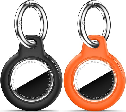 Upgrade Waterproof 2 Pack Airtags Holder with Apple Airtags Keychain, Hard PC Air Tag Case, Anti-Scratch & Shock Air tag Holder, Men's Women's Keyrings & Keychains -Black+Orange