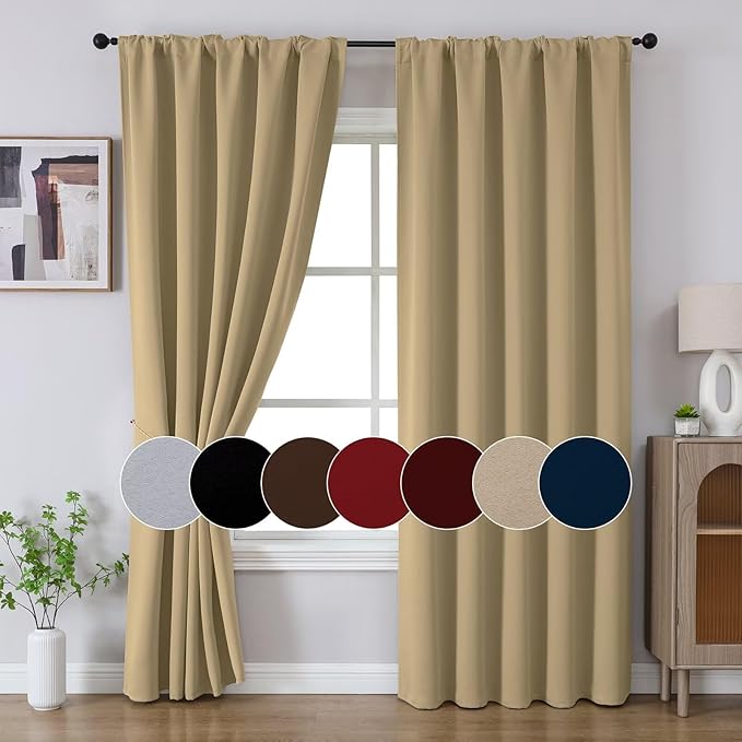Joydeco 72 Inch Blackout Curtains for Bedroom, Thermal Insulated Black Out Curtains, Room Darkening Drapes for Living Room Window Rod Pocket Back Tab (W52 x L72 Inch, Beige)