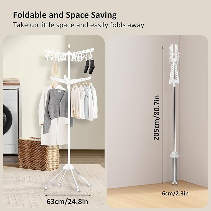 SUYU Clothes Drying Rack,Folding Clothes Drying Tree, 2 Layer with 24 Clips and 3 Rotatable Arms,66.9-Inch Indoor Clothes Rack,Stainless Steel,4 Legs,White and Silver SNJ102