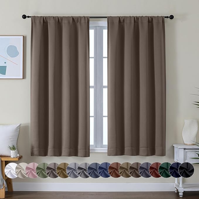 Simplebrand Ava Brown Short Blackout Curtains for Bedroom 54 Inches Long 2 Panels Set, Solid Thermal Insulated, Energy Saving Window Treatment Curtains Blackout Drapes, W40 x L54 Inch, Brown