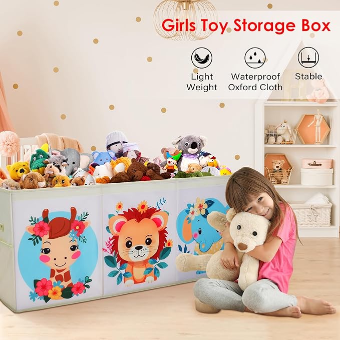 Toy Box Chest for Kids, Collapsible Oxford Toy Storage Box with Handles Mesh Pockets, Extra Large Sturdy Waterproof Organiser for Bedroom Playroom, 37.7×12.5×15.7 Inch (Cute Animal)