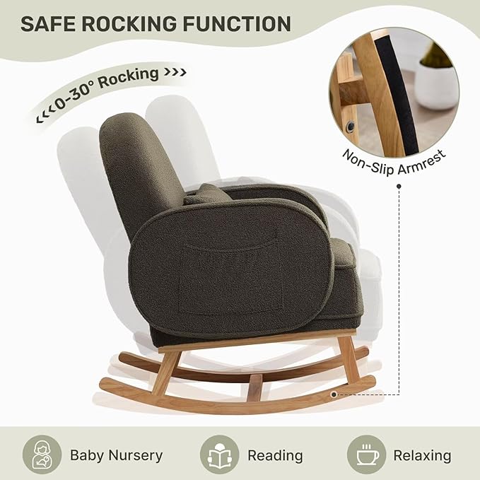 Rocking Chair with Ottoman, Upholstered Nursery Glider Rocker with High Backrest and Side Pocket, Teddy Rocking Accent Armchair with Solid Wood Legs for Nursery, Living Room, Bedroom Green