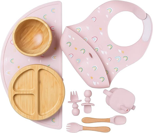 Bamboo Baby Feeding Set for Infants & Toddlers - Baby Essentials, Non-Toxic, Sustainable, Bamboo Suction Plate & Bowl, Bib, Sippy Cup w/Lid & Straw, Daily Use, Travel, Baby Shower Gifts (Pink)