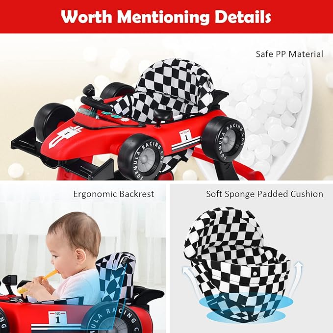 HONEY JOY 4-in-1 Baby Walker, Activity Push Walker w/3 Adjustable Heights, Smooth Wheels w/Adjustable Speed, Padded Seat, Music & Light, Foldable Car Walker for Baby Boys Girls Age 6 Months+ (Red)