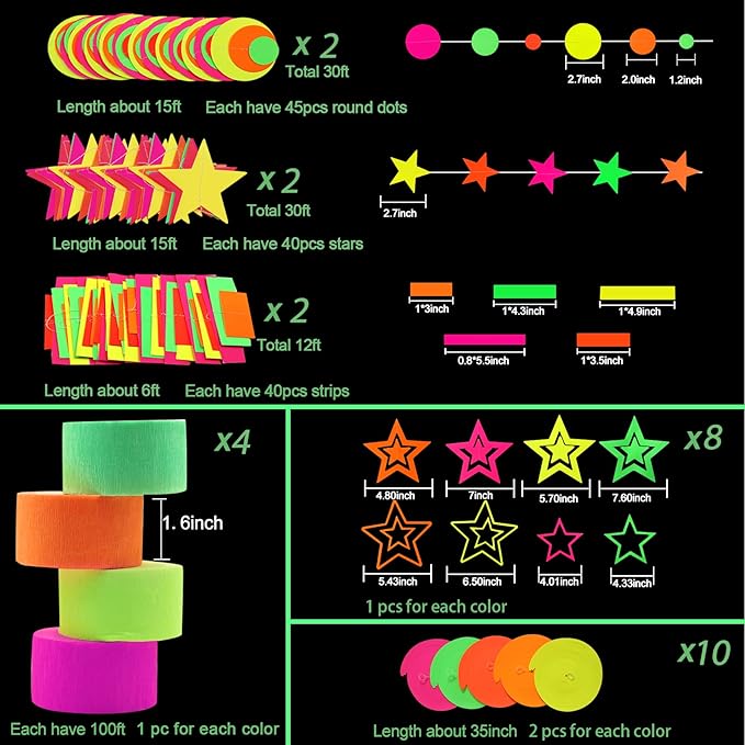 508ft UV Neon Paper Garland Crepe Streamers Glow in The Dark Party Supplies Garland Neon Party Decorations Streamers for Blacklight Reactive Fluorescent Wedding Birthday Party Decorations