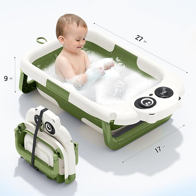 Foldable Baby Bathtub, Lightweight Bathtub for Infants to Toddlers with Soft Cushion & Thermometer, Portable Baby Tub Newborn to Toddler 0-36 Months(Green)