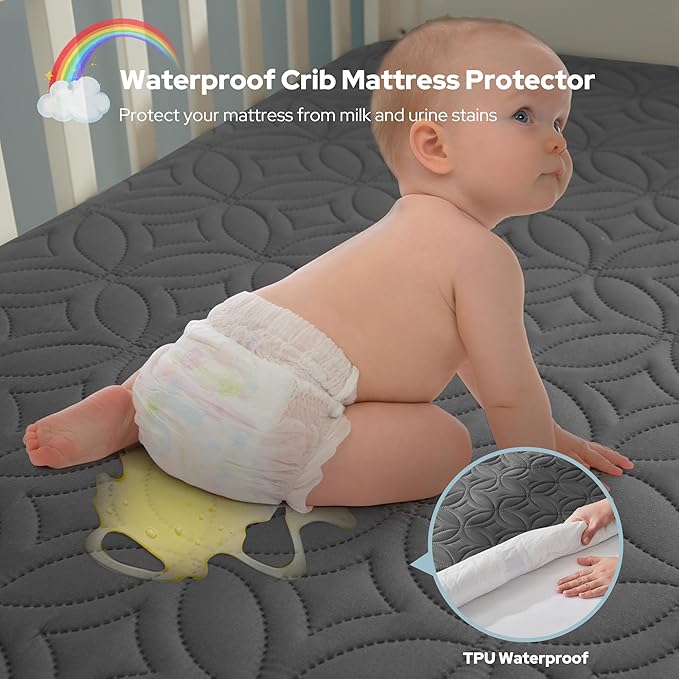 Waterproof Crib Mattress Protector 2 Pack, Soft and Breathable Crib Mattress Pad Cover, Noiseless Machine Washable Toddler Mattress Protector for Standard Baby Toddler Bed (52''x28'',Gray)