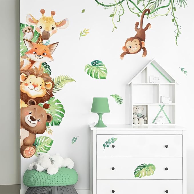 Tanlaby Jungle Animals Wall Stickers Cartoon Safari Animal Wall Decals Fox Bear Lion Monkey Tropical Leaves Art Decor for Baby Nursery Kids Playroom Bedroom