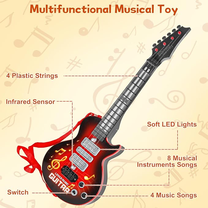 M SANMERSEN Kids Guitar Toddler Toys Guitar for Kids 3 4 5 Year Old Electric Musical Toy Guitars with 4 Strings Strap Light Up Boys Girls Gifts