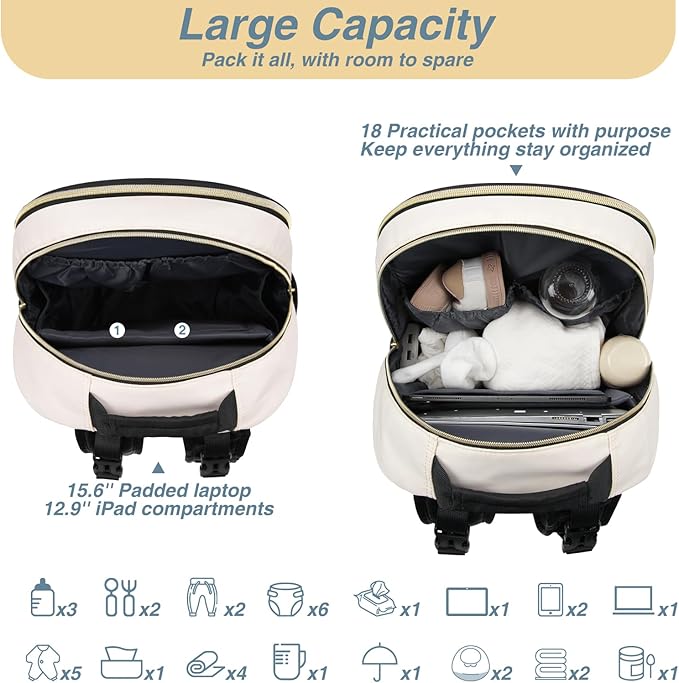 MOMUVO Diaper Bag Backpack, Quilted Baby Bag with Changing Pad & Stroller Straps & Pacifier Case, Multifunction Waterproof Travel Diaper Bags, Unisex, Black Beige