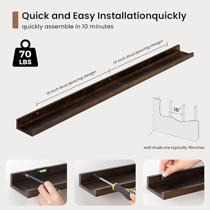 Picture Ledge Shelf, Solid Pine Wood Floating Shelves Set of 2, 40 Inches Nursery Book Shelves for Toys Storage, Kids Bookshelf Wall Mounted for Living Room Bedroom Decor Books Photo Frames, Walnut