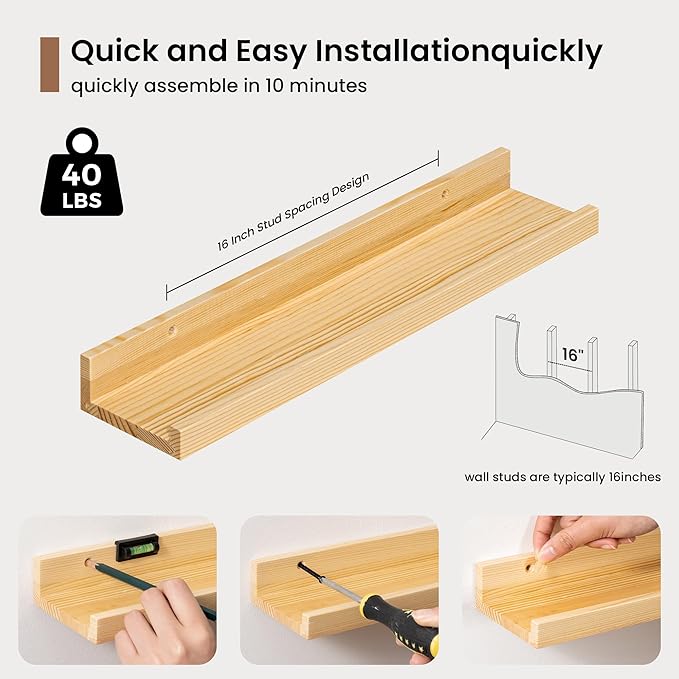 Picture Ledge Shelf, Solid Pine Wood Floating Shelves Set of 4, 16 Inches Nursery Book Shelves for Toys Storage, Kids Bookshelf Wall Mounted for Living Room Decor Photo Frames, Natural