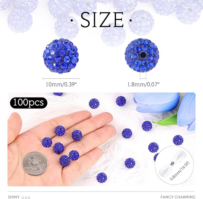 100 Pcs 10 Mixed Colors Rhinestone Beads for Jewelry Making, Sparkle Crystal Clay Christmas for Bracelet Baseball Necklace Earring Crafting and DIY, Shiny Round Shamballa Disco Ball Beads