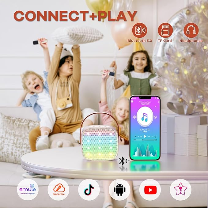 YLL Mini Karaoke Machine with 2 Wireless Microphones for Kids Adults, Portable Bluetooth Speaker Gift for Girls Toys 4, 5, 6, 7, 8, 10, 12+ Years Old Teens Birthday(Beige)