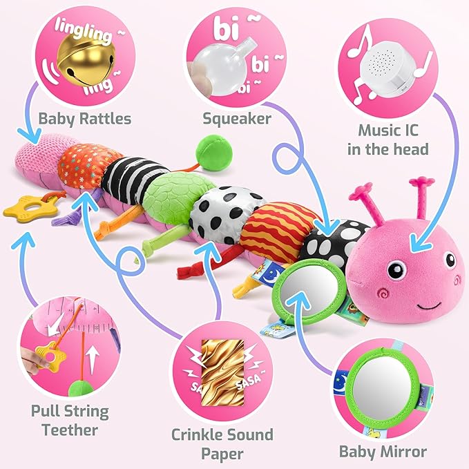 Sumobaby Baby Toys 0-6 6-12 Months,Music Caterpillar Plush Toy with Baby Mirror, Pull String&Crinkle Rattle,Infant Sensory Toys,Tummy Time for 0-3-6-12 Month Boys Girls Newborn Gifts (Pink-Branch)