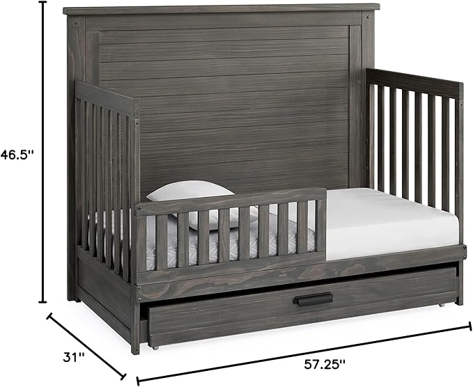 Delta Children Simmons Kids Caden 6-in-1 Convertible Crib with Trundle Drawer, Greenguard Gold Certified, Rustic Grey