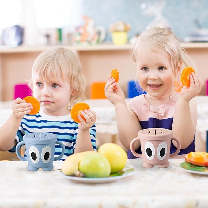 Silicone Snack Cups Food Container for Toddlers and Babies, Spill Proof Training Cup with Snack Cup Lid & Dust Proof Lid, Comes with a toy strap, Without BPA, Lead, or Phthalates（Gray & Beige）