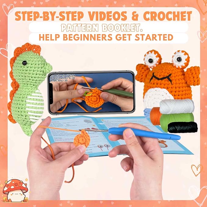 yhwsymgmho Crochet Kit for Beginners: 2-Piece Animal Amigurumi-Kit with Step-by-Step Video Tutorials - Easy Knitting Kit for Adults and Kids - DIY Crocheting Doll Gift (Crabs & Seahorses)