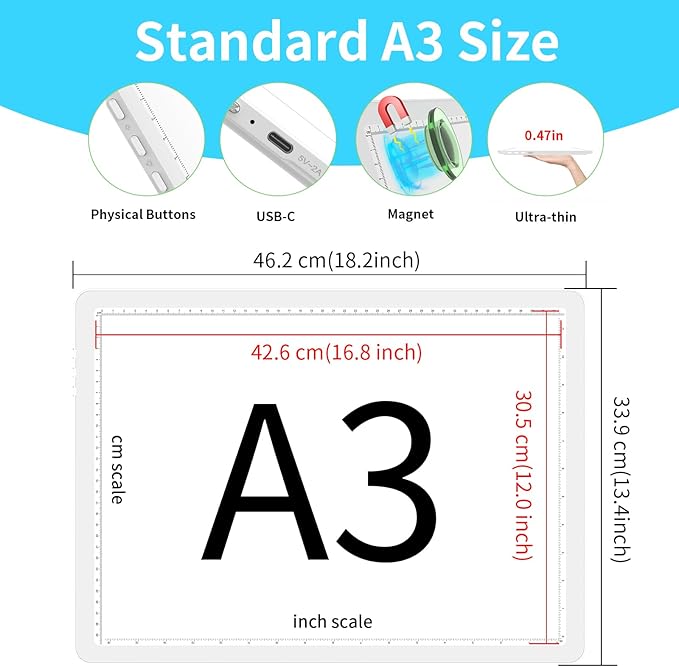 Phylosal Rechargeable A3 Light Pad with Built-in Stand & Bag, Magnetic Tracing Light Box for Drawing, Diamond Art Light Board with Side Button, Super Bright Light Table for Diamond Painting, Sketching