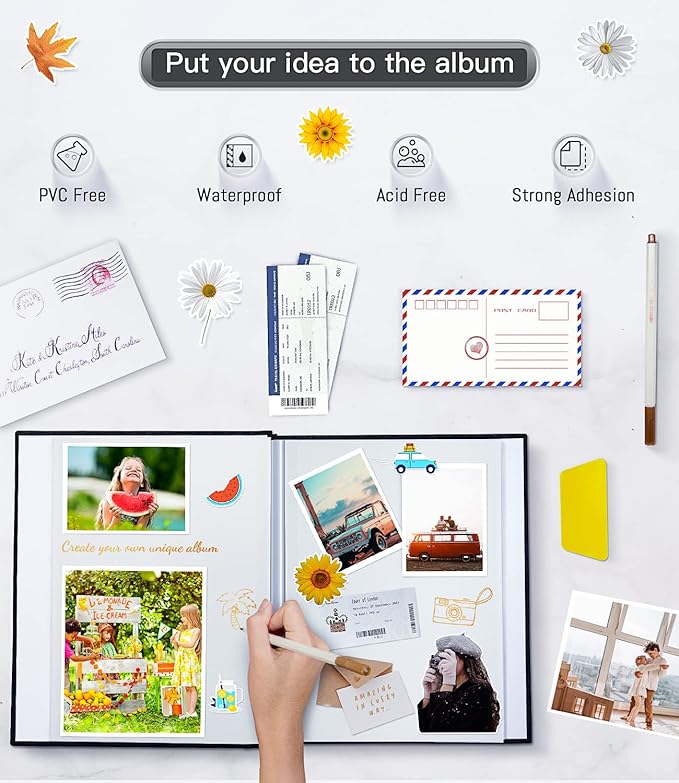 popotop Photo Album Self Adhesive with Picture Display Window,40 Pages DIY Scrapbooking Supplies Kit for 4x6 10x12 Picture,Linen Cover Memory Book for Baby Wedding, with Scraper and Metallic Pen