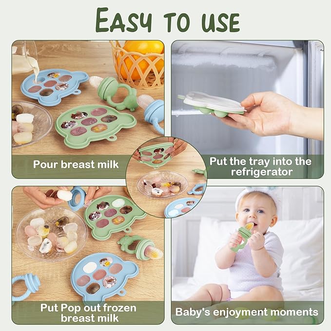 WAJIAYON Baby Breastmilk Popsicle Molds & Babies Fruit Feeder (4 Pack), Infant Food Freezer Tray Storage Containers, Silicone Teething Pacifier Feeder and Teether for Babies,Baby Feeders（Green）