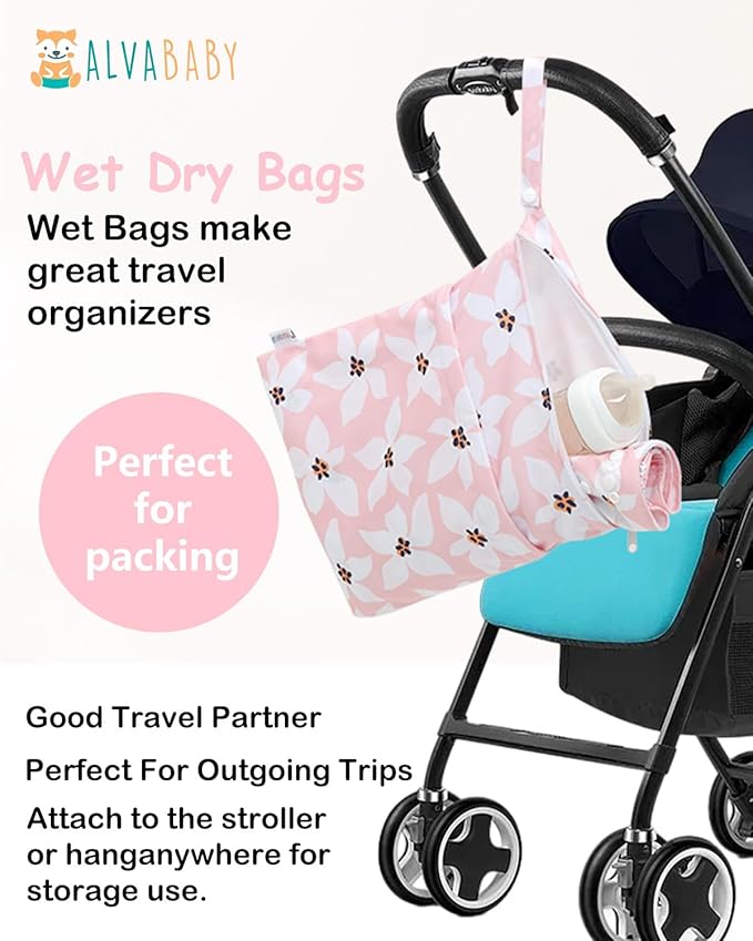 ALVABABY 3 Cloth Diaper Wet Dry Bags Waterproof Reusable with Two Zippered Pockets Travel Beach Pool Daycare Soiled Baby Items Yoga Gym Bag for Swimsuits or Wet Clothes Small Medium Large 3L-ZM26