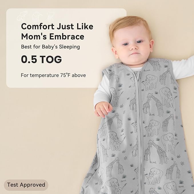 Baby Sleep Sack 18-24 Months 0.5 Tog Wearable Blanket Baby, 3 Pack 100% Cotton Lightweight Sleeping Sack with 2-Way Zipper for Infant Toddler Apricot Gray Green Elephant