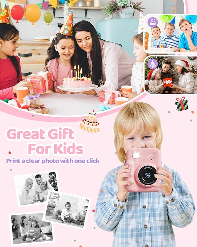 Kids Camera Instant Print for Girls Ages 3-14, 3-inch HD Screen Camera for Kids with Printing Paper, 1080P Digital Toddler Toys for 4 5 6 7 8 9 10 11 12 Years Old (Pink)